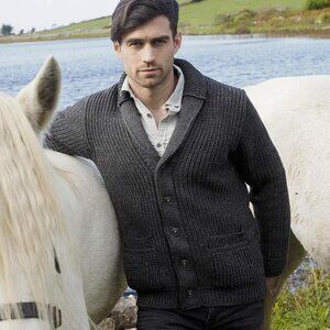 Aran Crafts Dark Gray Merino Wool Ribbed Cable Knit Shawl Collar Cardigan XXL